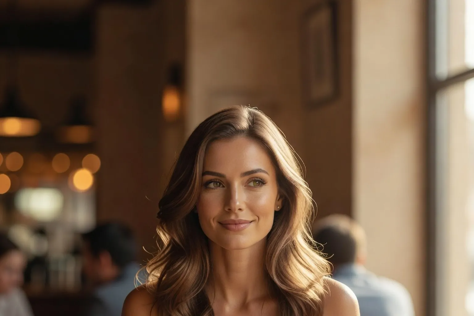 Portrait d'une femme souriante, attentive, assise dans un café avec un verre de thé