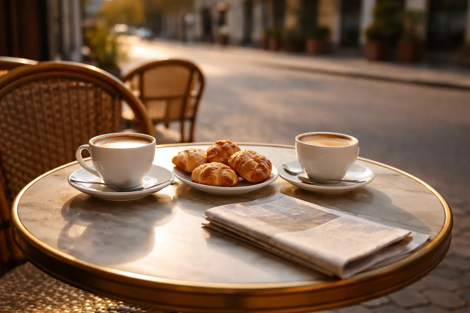 Deux tasses de café et une assiette de petites viennoiseries sur une table ronde de terrasse