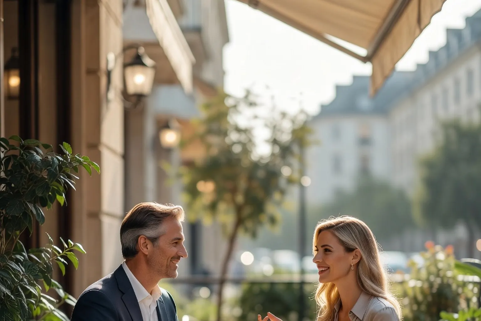 Un homme et une femme blonde discutant en souriant à la terrasse d'un café