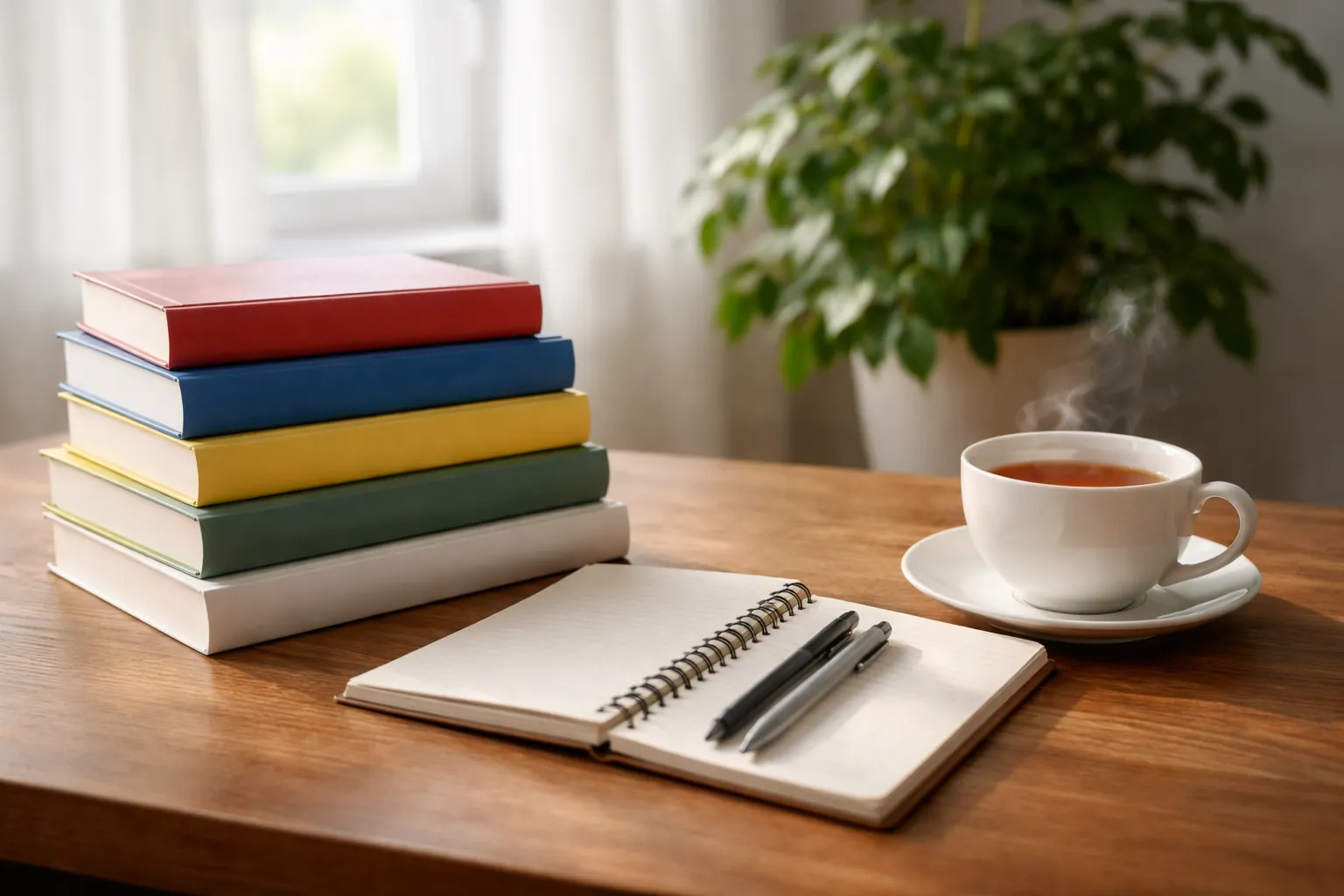 Pile de manuels, cahier à spirale, deux stylos et tasse de thé fumante sur un bureau en bois
