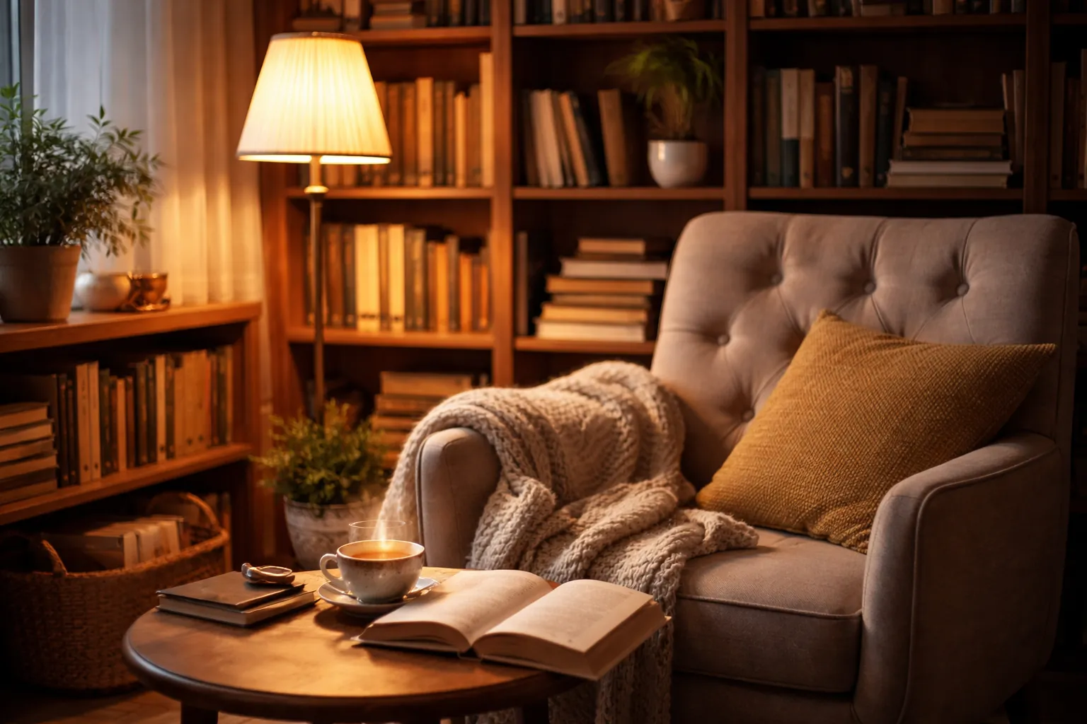 Fauteuil, plaid, tasse de thé et livre ouvert dans un coin lecture éclairé par une lampe