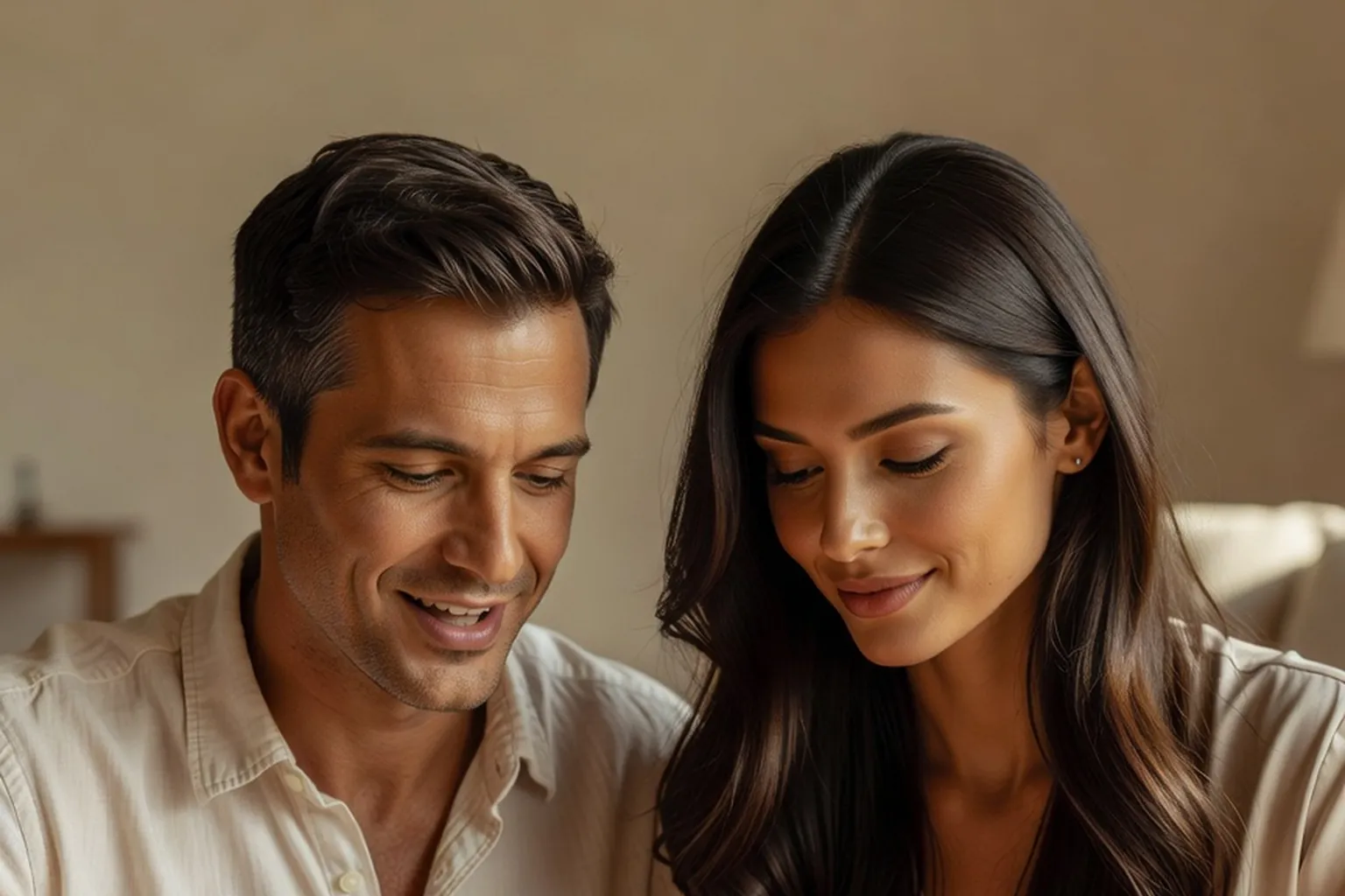 Un homme et une femme aux longs cheveux sombres, penchés l'un vers l'autre, sourient en regardant ensemble un support de travail