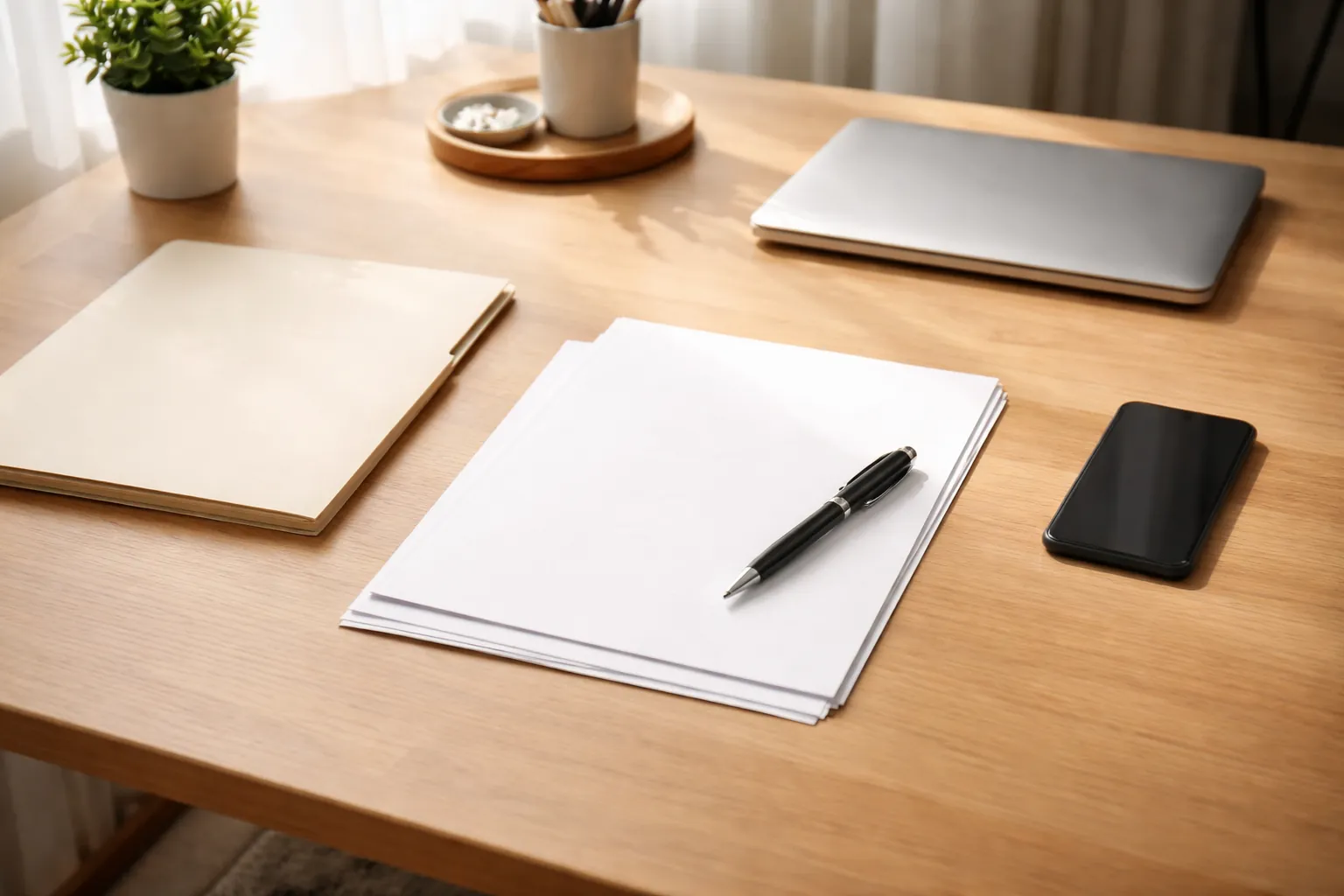 Un bureau rangé avec une chemise, des feuilles blanches, un stylo, un ordinateur fermé et un téléphone