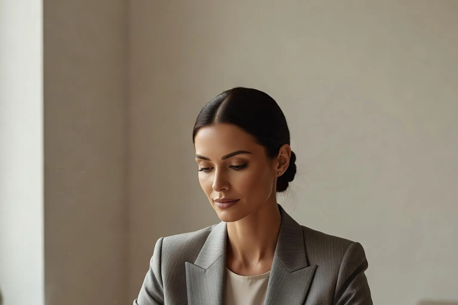 Portrait d'une femme brune aux cheveux attachés, en veste grise, le regard posé et déterminé
