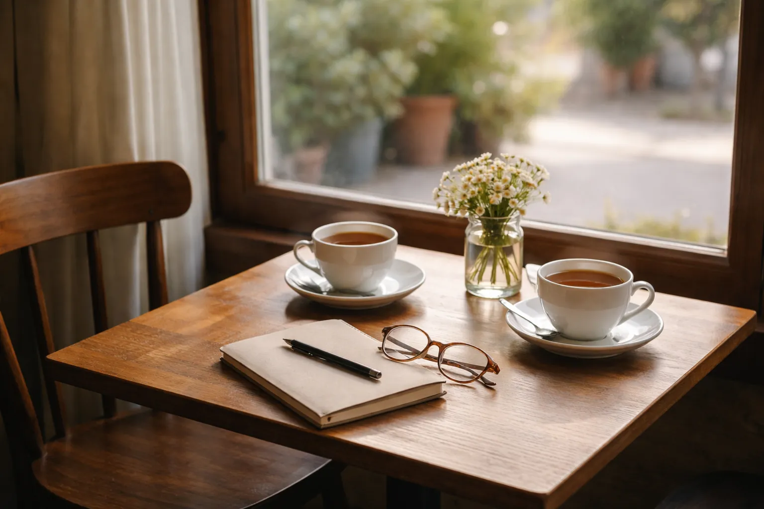 Table de café près d'une fenêtre, deux tasses de thé, un carnet et des lunettes avant une conversation