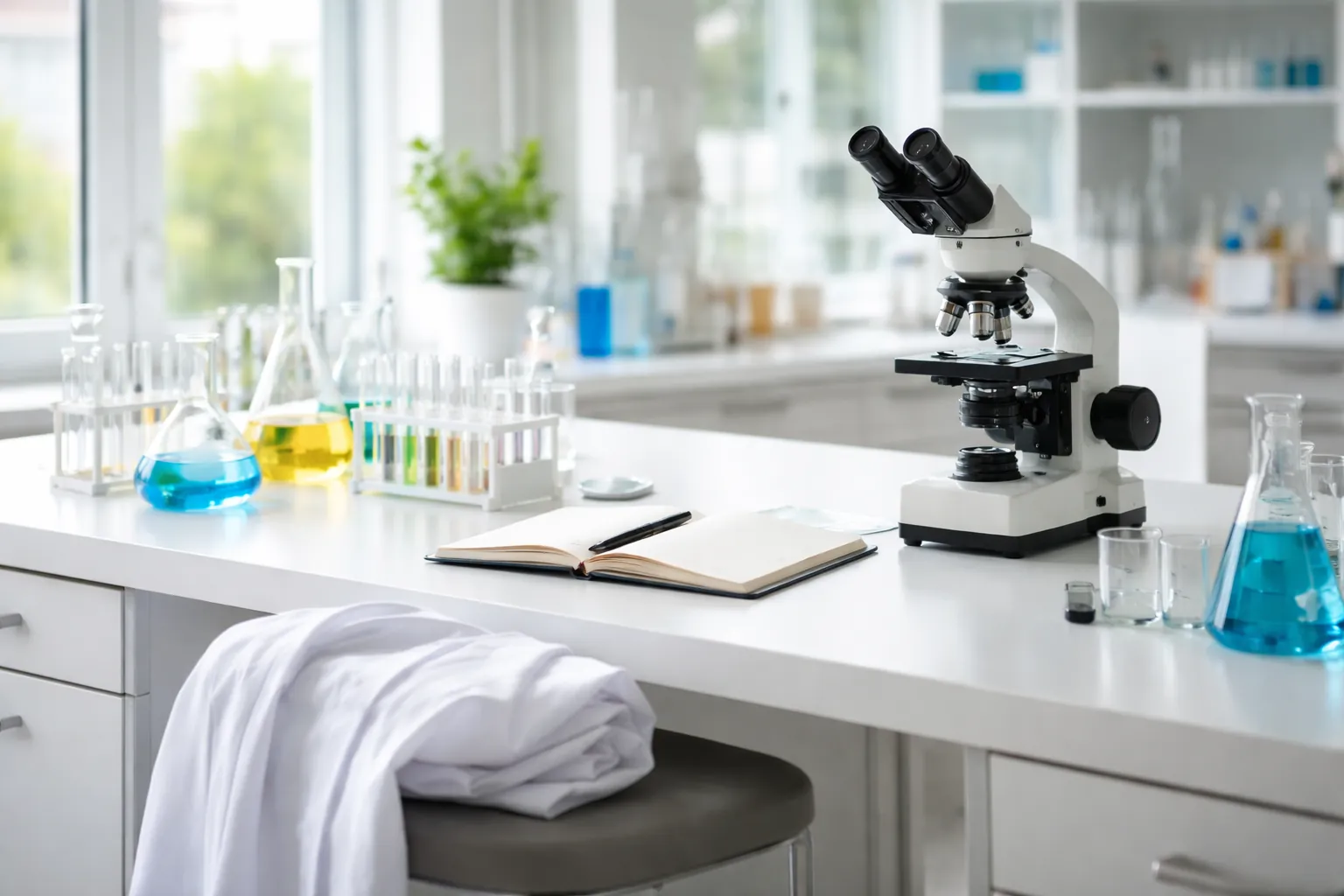 Paillasse d'un laboratoire de recherche avec microscope, fioles et blouse blanche pliée sur un tabouret