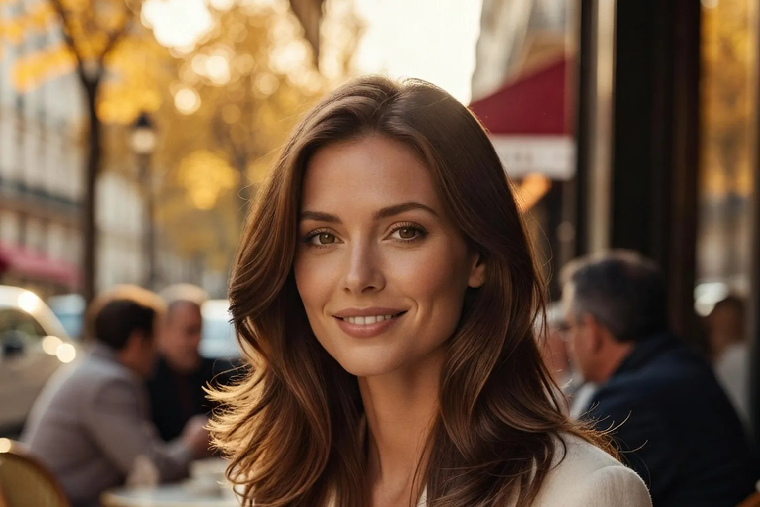 Une femme aux cheveux châtains sourit, assise à une terrasse de café parisien en automne