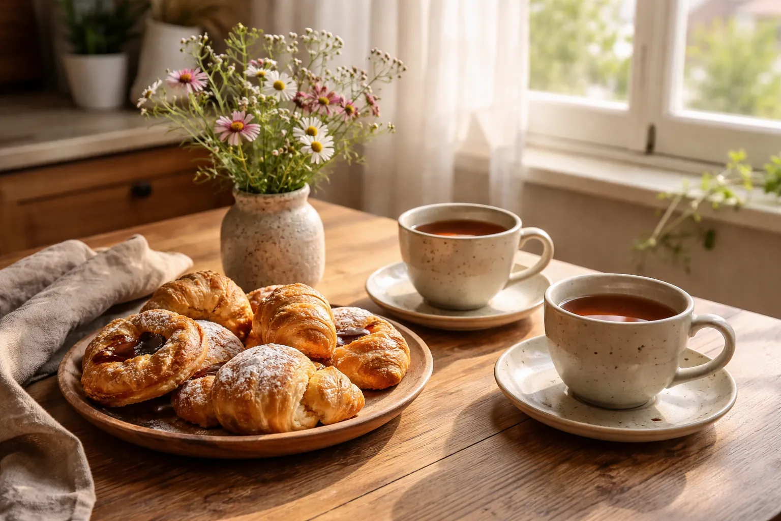 Deux tasses de thé et des viennoiseries sur une table de cuisine ensoleillée, avec un petit bouquet de fleurs des champs