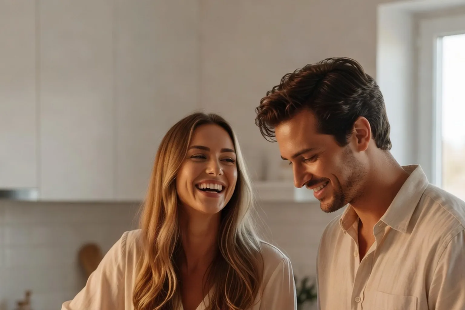 Un couple rit en préparant le dîner dans une cuisine lumineuse