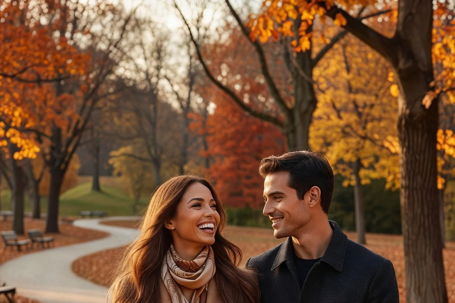 Couple franco-slave en promenade dans un parc en automne, la femme rit en tenant le bras de son compagnon