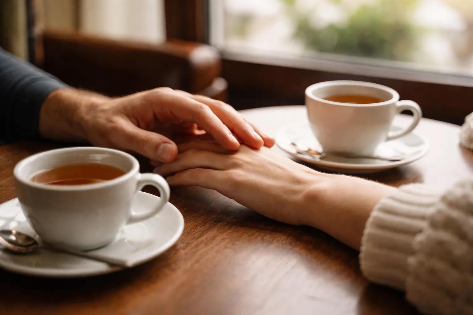 Deux mains qui se touchent sur une table de café, près de deux tasses de thé