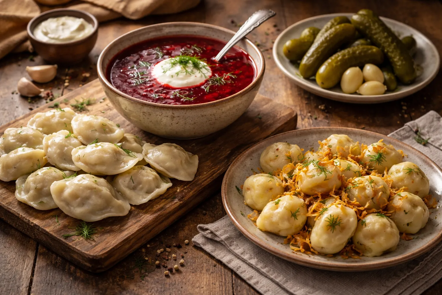 Planche de vareniki, bol de borchtch à la crème aigre, assiette de dumplings aux oignons frits et cornichons