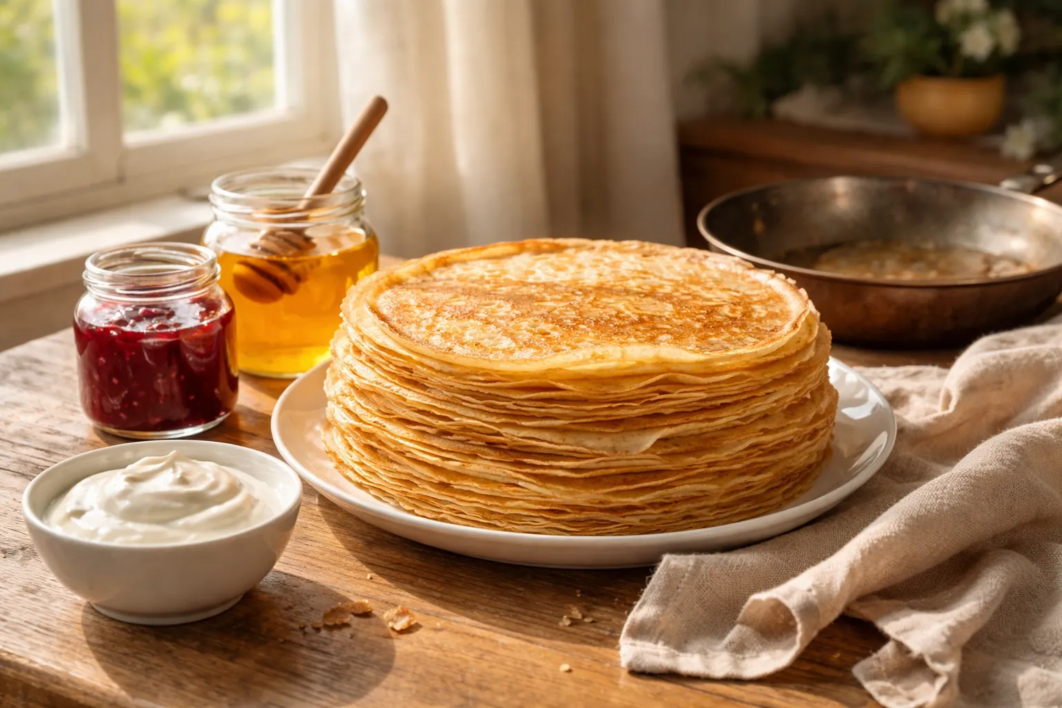 Pile de blinis avec confiture, miel et crème aigre, poêle en cuivre près d'une fenêtre