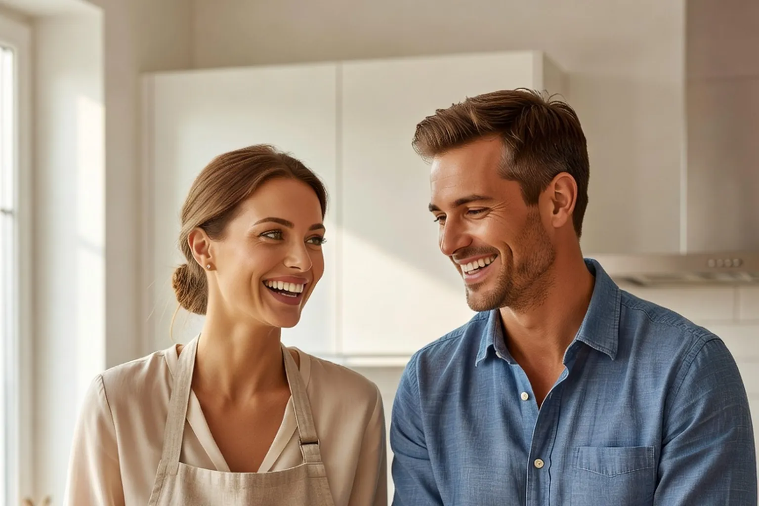 Un couple en cuisine, la femme en tablier, rit en regardant son compagnon dans une cuisine claire