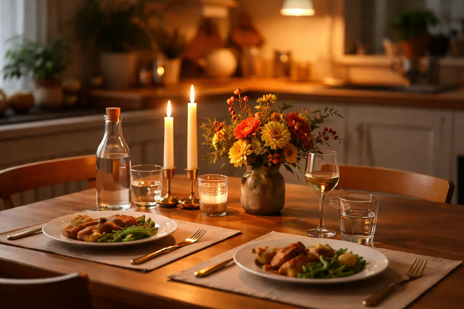 Table dressée pour deux dans une cuisine chaleureuse, avec bougies, assiettes et bouquet d'automne