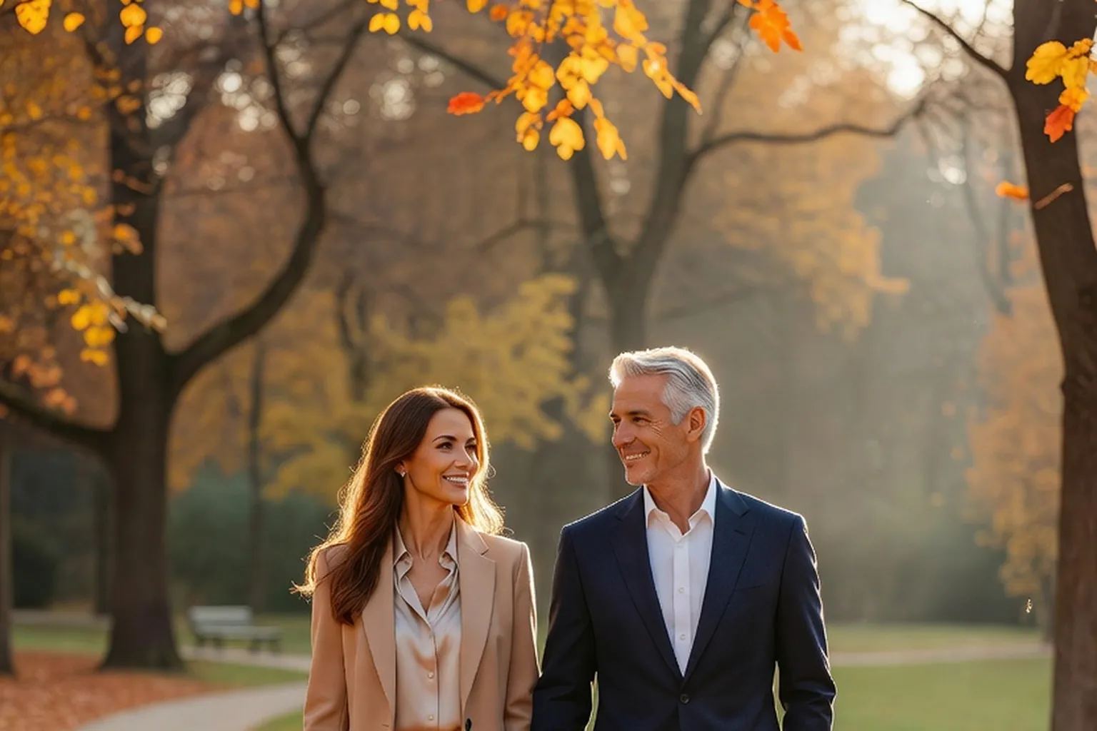 Un homme aux cheveux gris et une femme brune marchant côte à côte dans un parc en automne