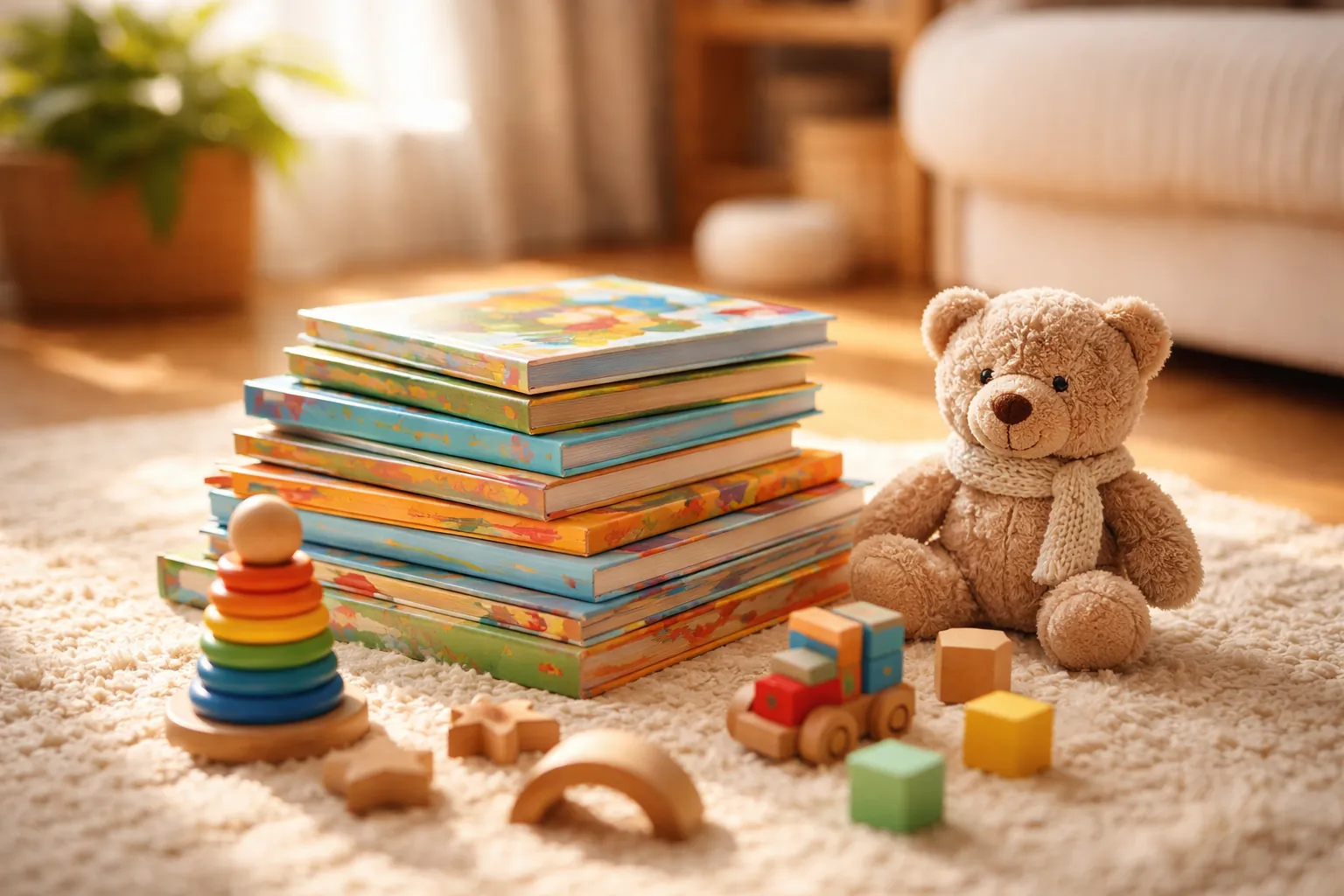 Une pile de livres illustrés pour enfants, des jouets en bois et un ours en peluche sur un tapis clair