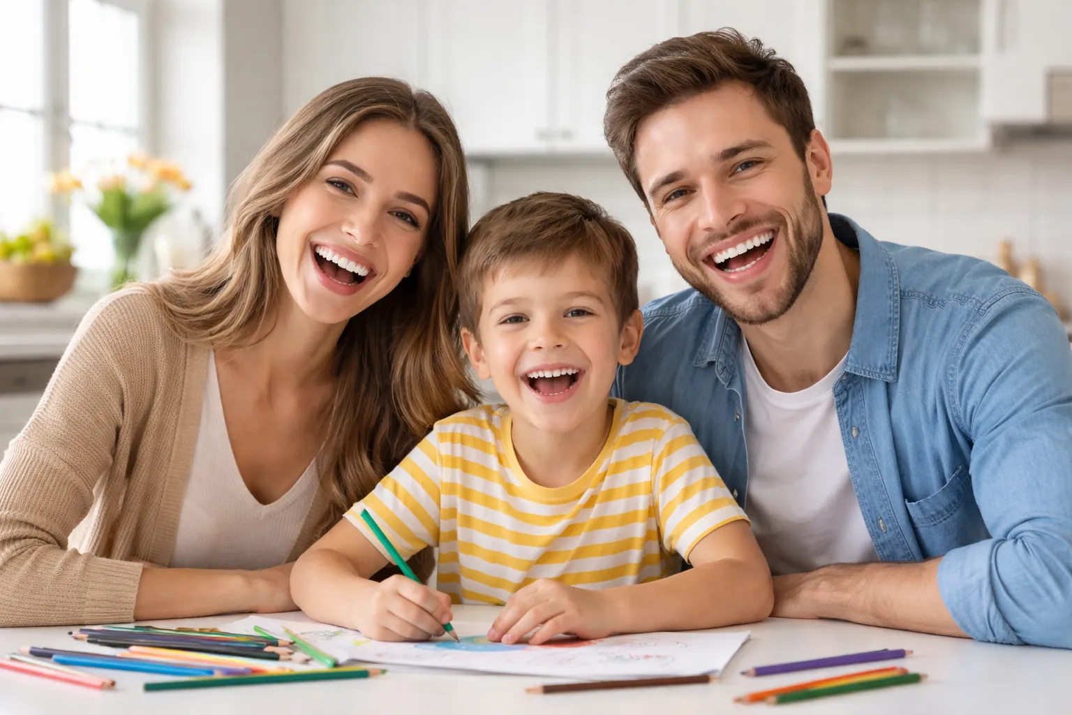 Une famille rit autour de la table de la cuisine pendant que le fils dessine au crayon de couleur