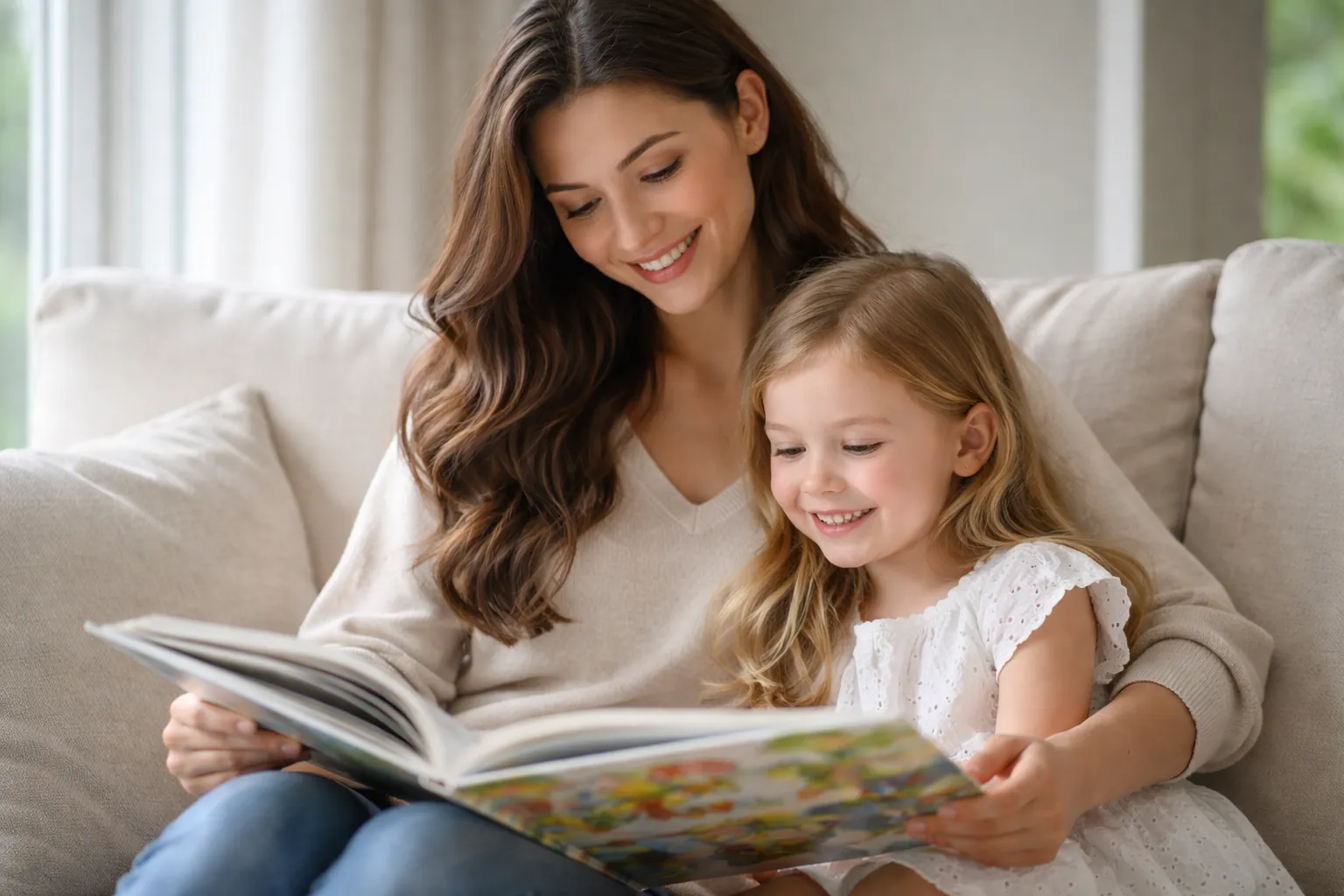 Une mère élégante lit un livre illustré à sa petite fille sur un canapé lumineux
