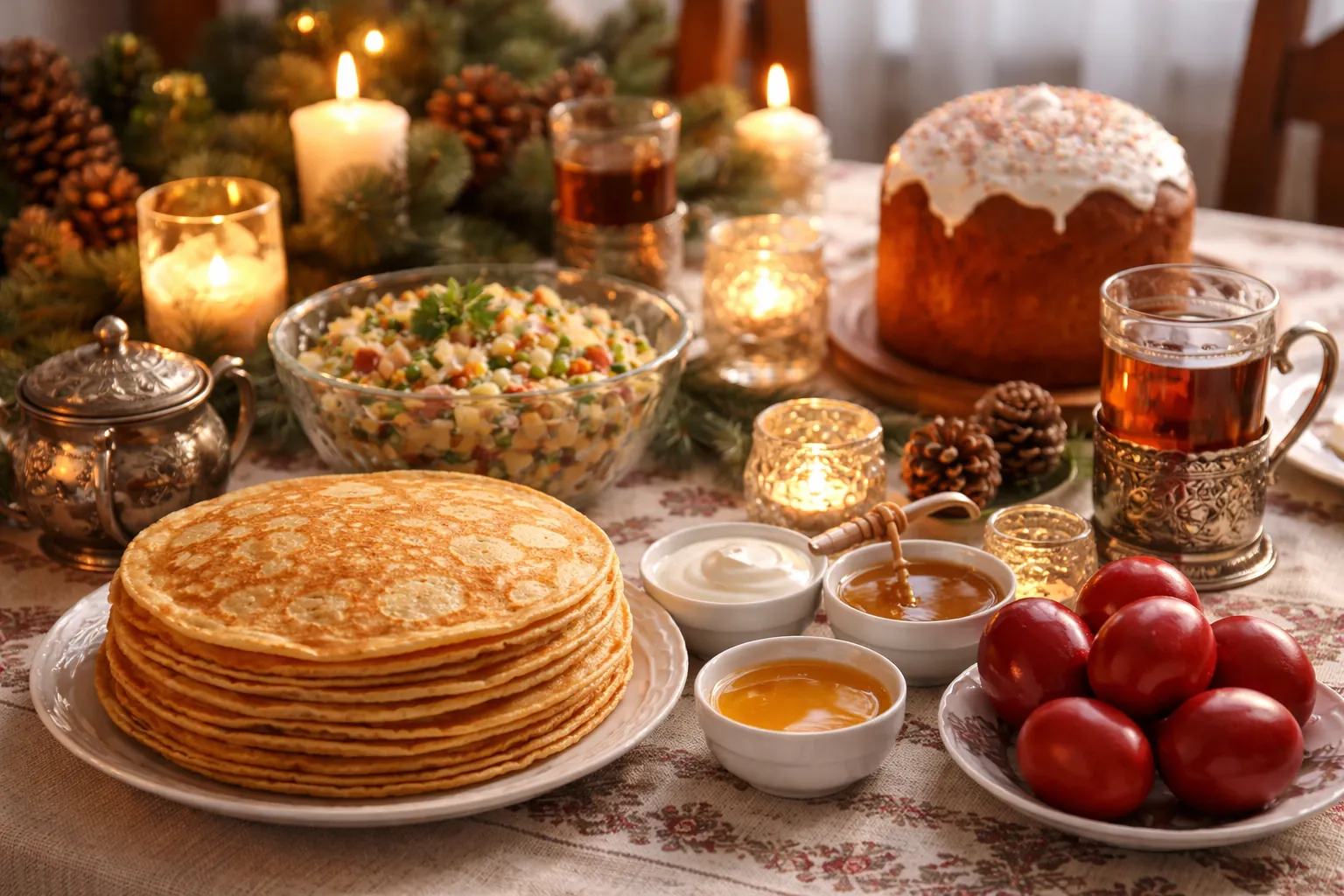 Table de fête avec blinis, crème aigre, miel, salade composée, brioche de Pâques et œufs teints en rouge
