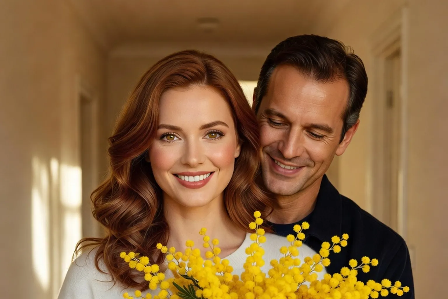 Une femme aux cheveux auburn sourit en recevant un bouquet de mimosa offert par un homme