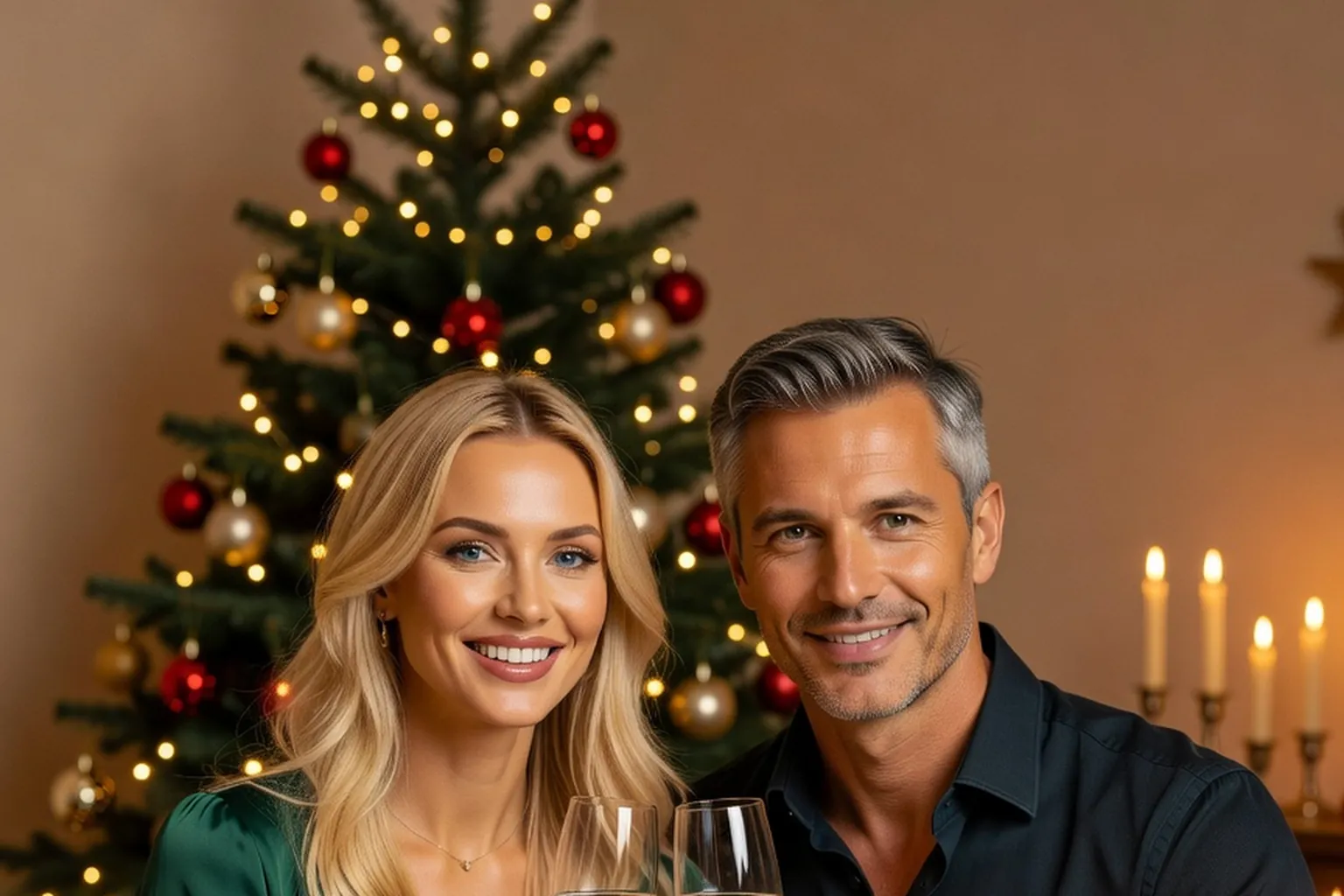 Un couple trinque avec des coupes de champagne devant un sapin décoré et des bougies allumées