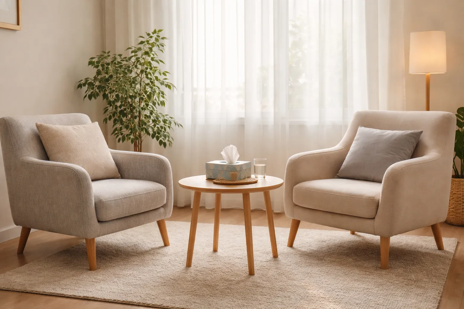 Deux fauteuils face à face autour d'une petite table avec mouchoirs et verre d'eau dans un cabinet apaisant