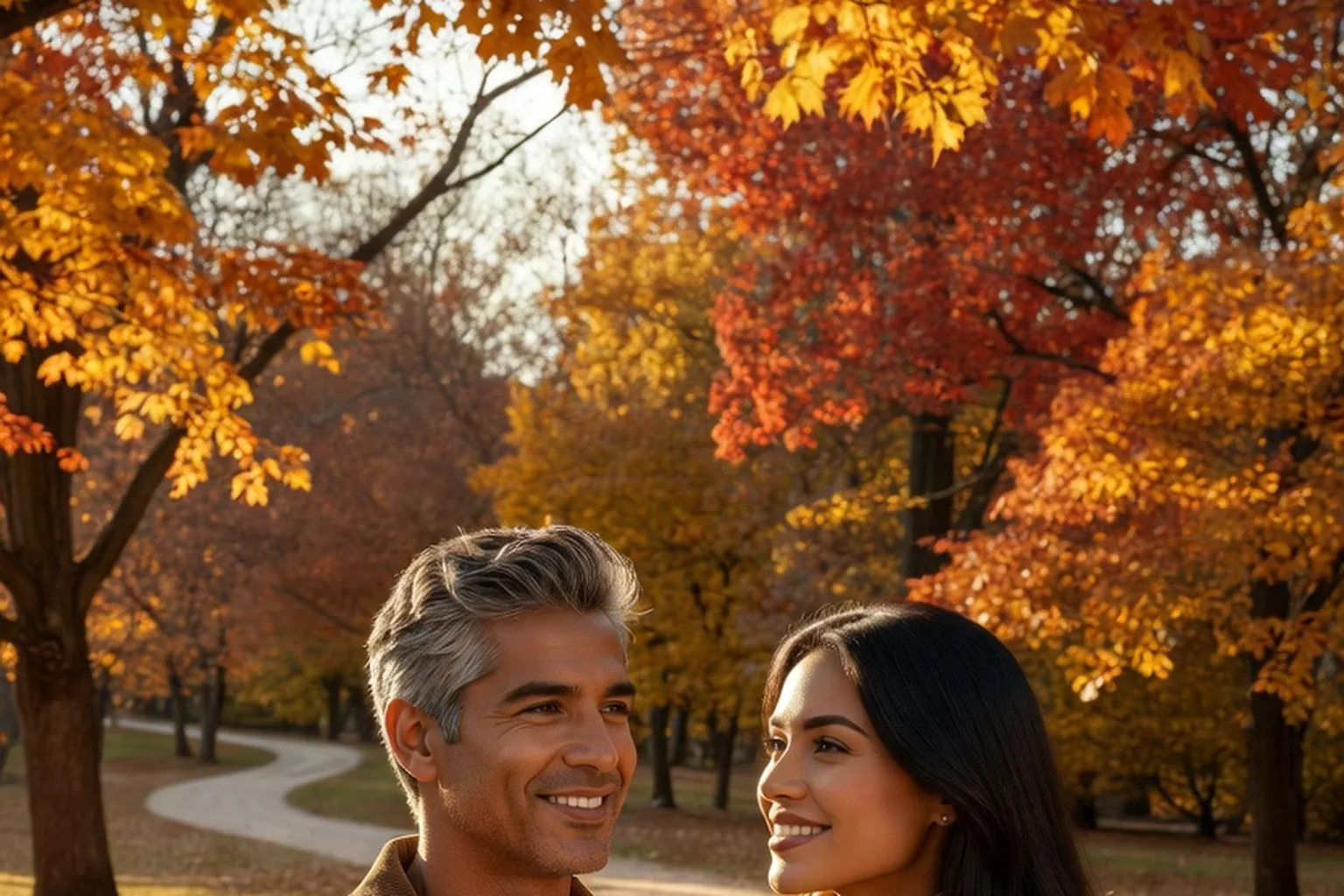 Un homme aux cheveux grisonnants et une femme brune se sourient dans un parc à l'automne