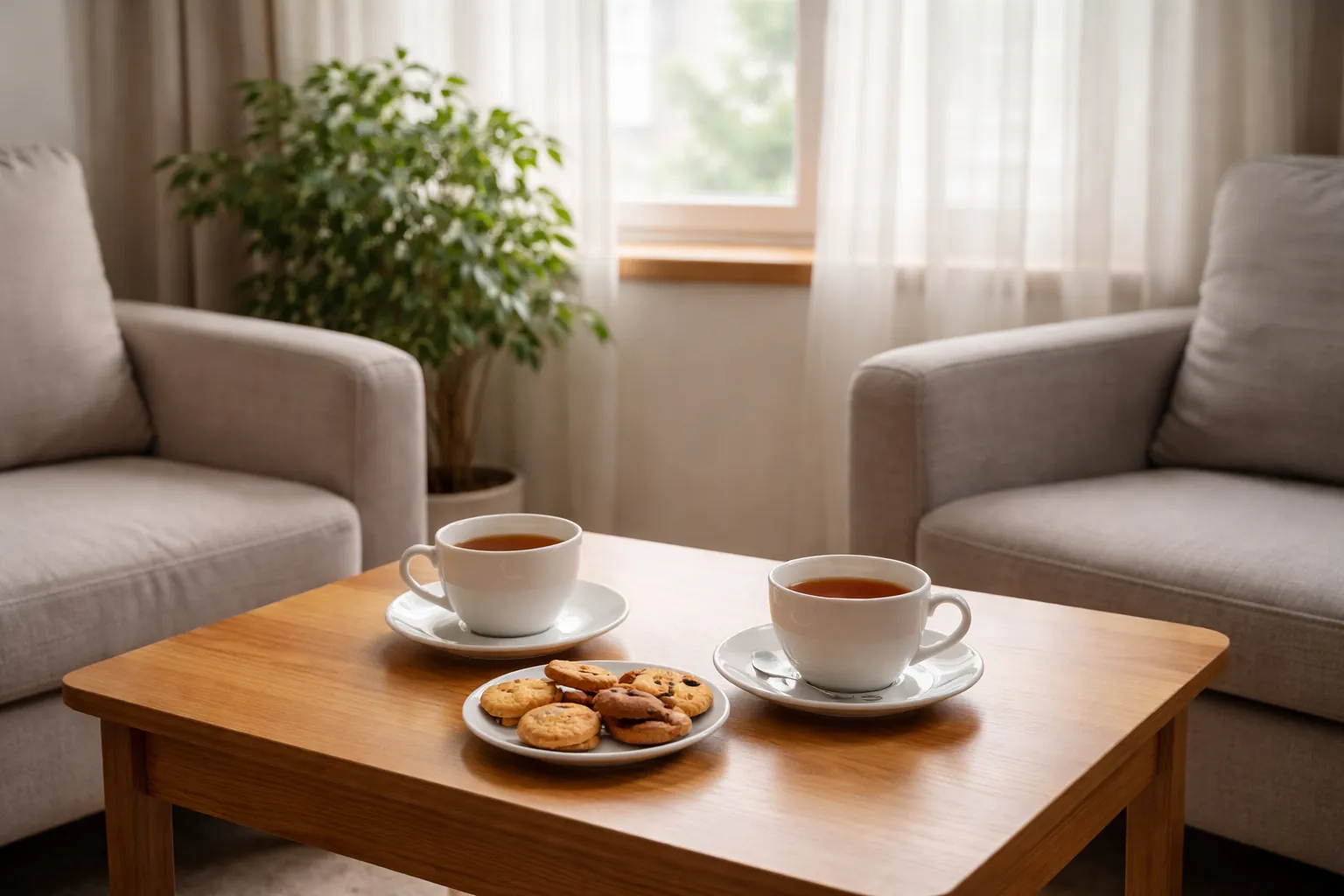 Deux tasses de thé et des biscuits sur une table basse entre deux fauteuils, dans une salle de médiation lumineuse