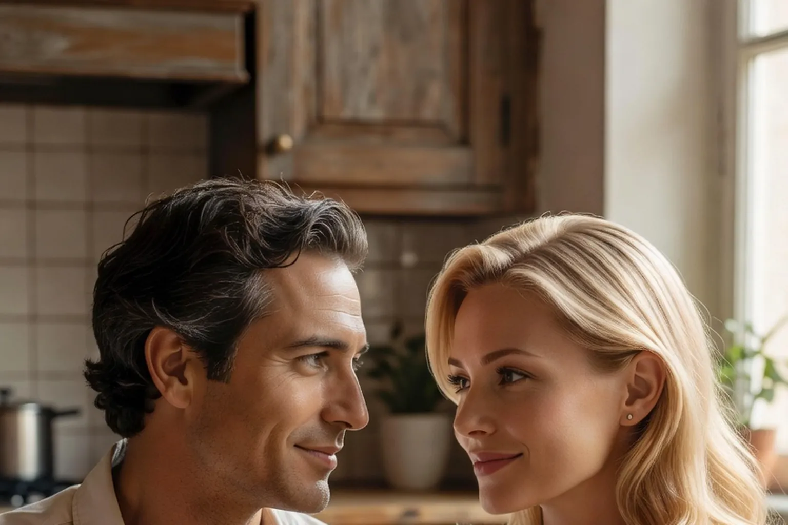 Un homme et une femme blonde assis face à face dans une cuisine, souriants, en pleine conversation
