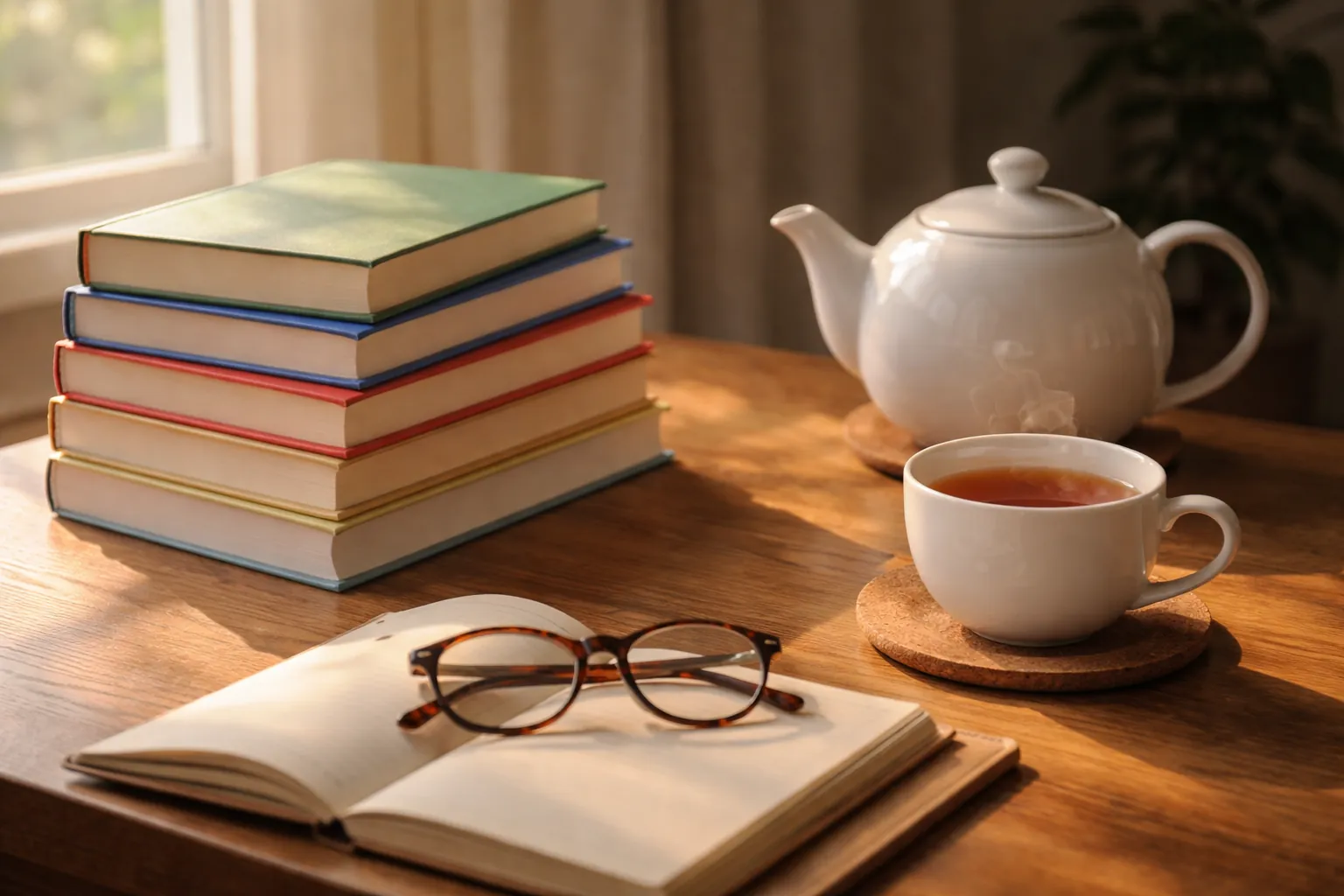 Pile de livres, théière, tasse de thé et lunettes posées sur un bureau en bois près d'une fenêtre