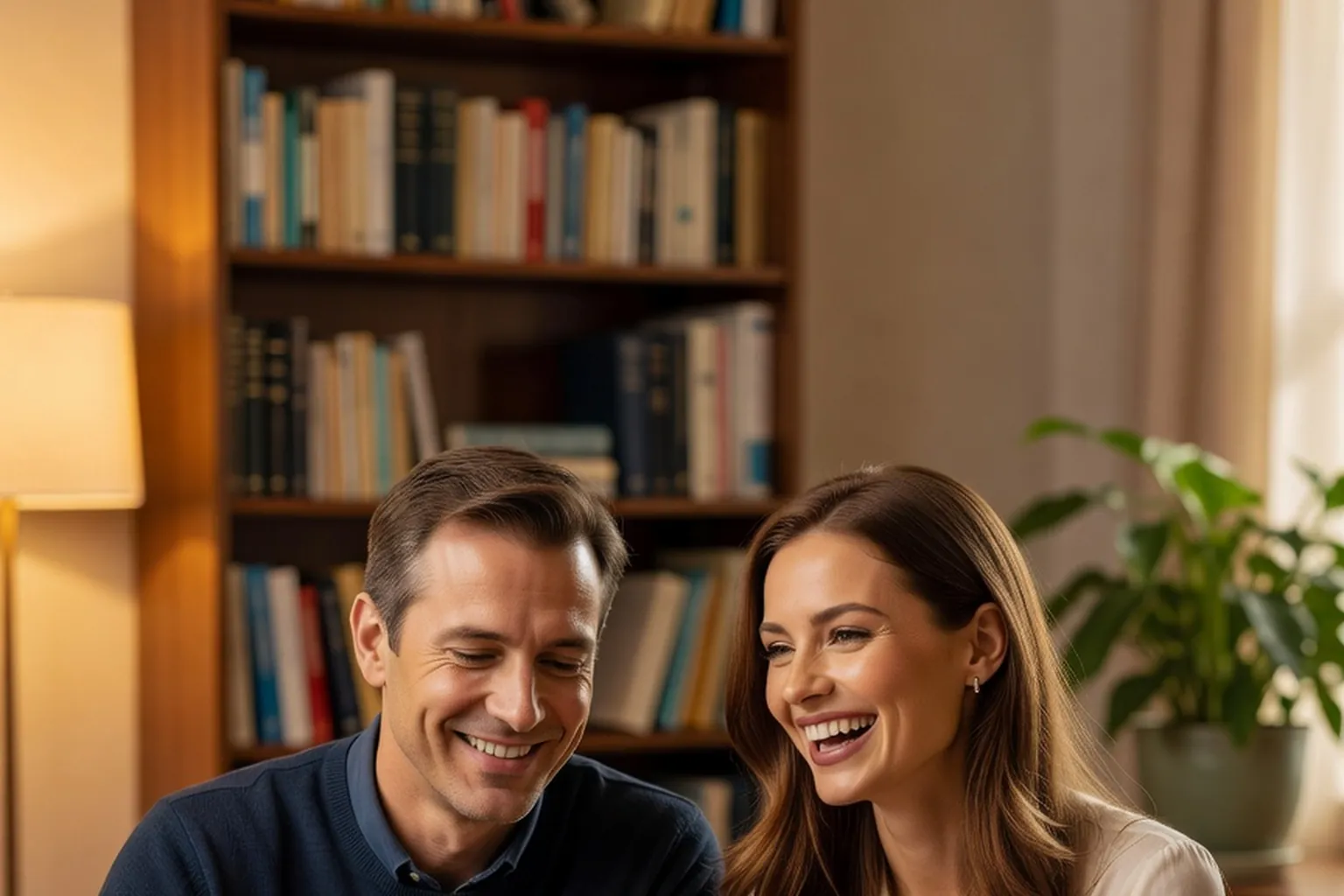 Un homme et une femme souriants étudient ensemble à une table, devant un ordinateur portable et un cahier