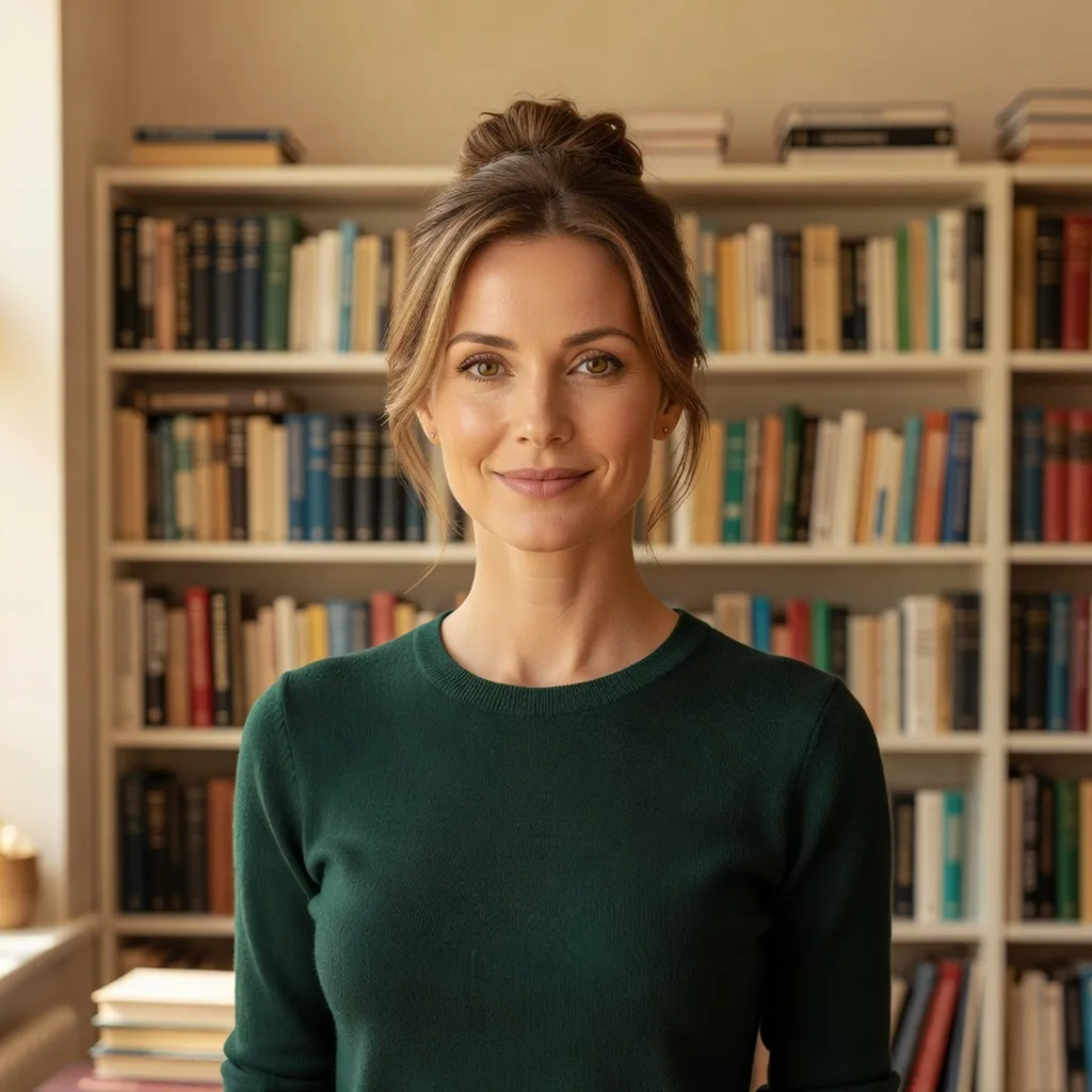 Portrait d'une professeure de russe souriante devant une étagère de livres