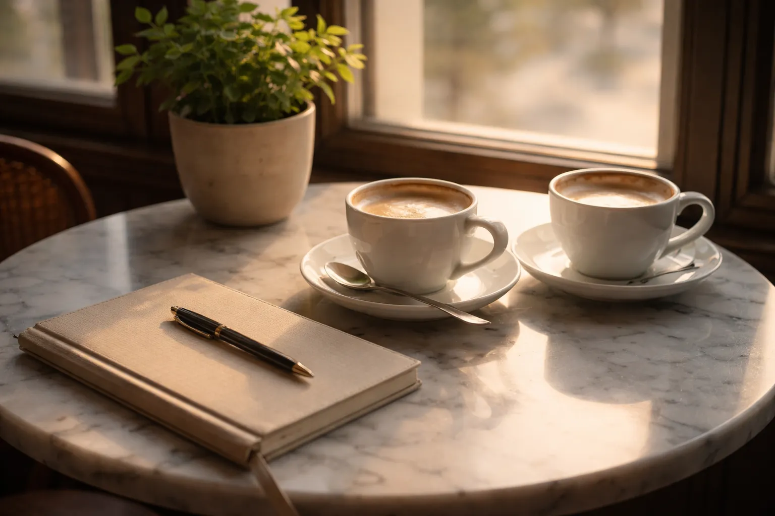 Deux tasses de café, un carnet fermé et un stylo sur une petite table de café près d'une fenêtre