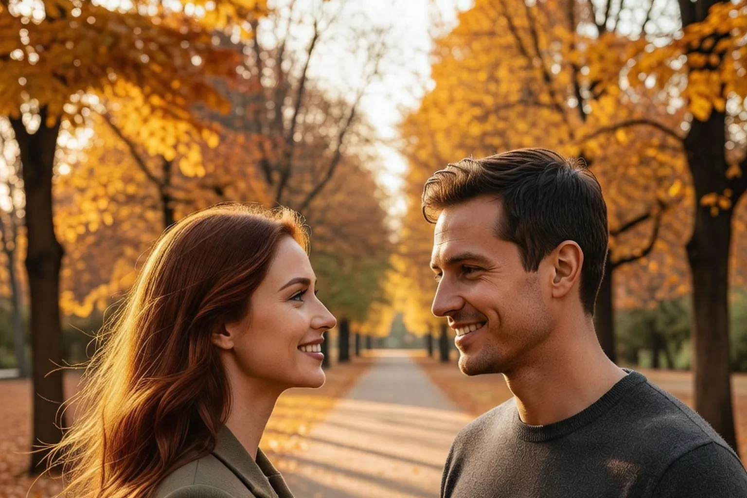 Un couple marchant main dans la main sur un chemin de parc en automne