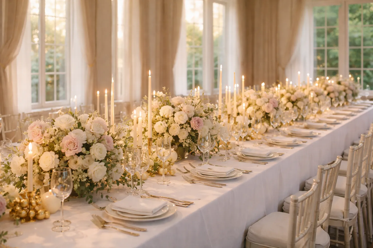 Une longue table de banquet de mariage dressée de blanc, avec bougies et fleurs