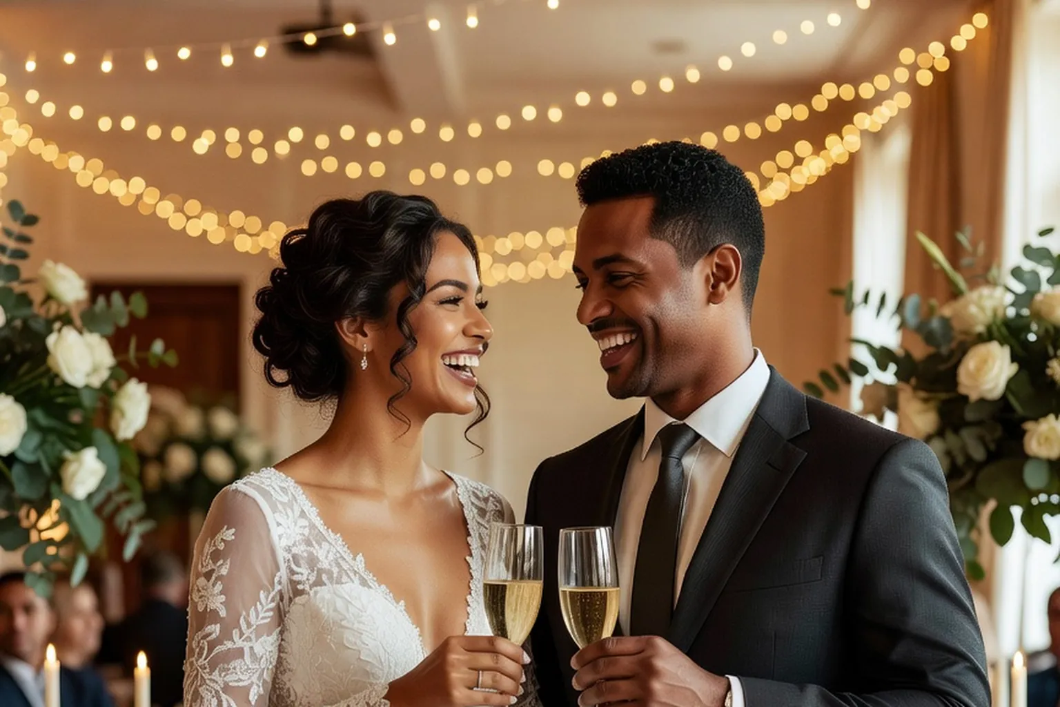 Couple mixte en tenue de mariage riant sur le perron d'une mairie, la mariée tenant un bouquet