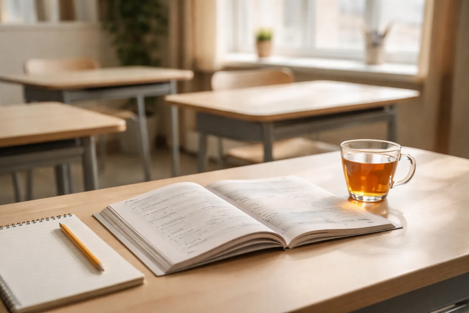 Pupitre de salle de cours avec un manuel de langue ouvert, un cahier, un crayon et un verre de thé