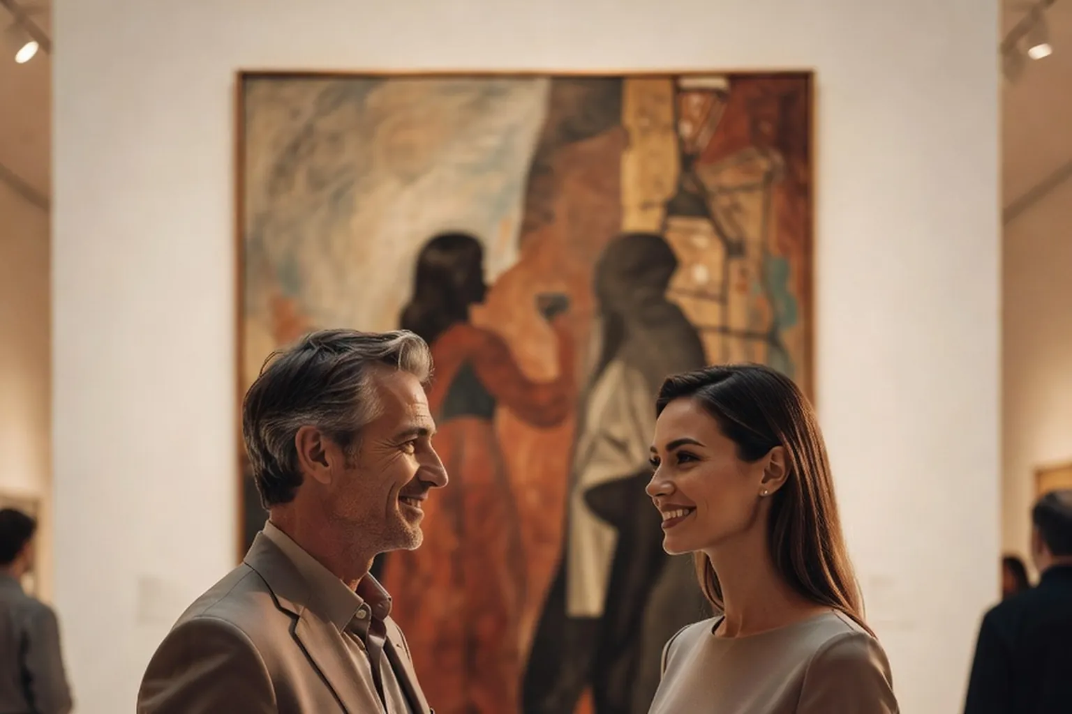 Un homme et une femme souriants en pleine conversation devant un tableau dans une galerie de musée