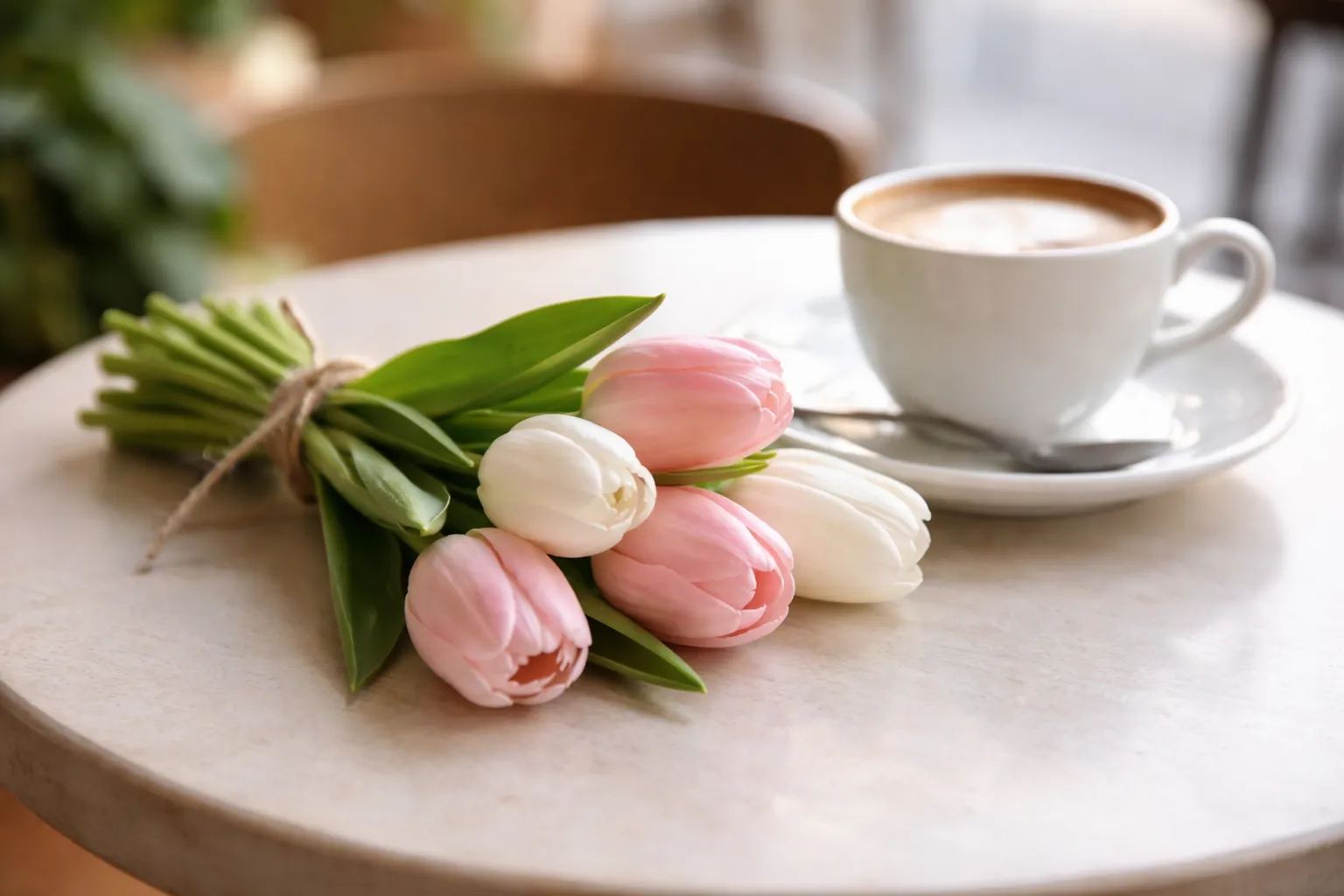 Petit bouquet de cinq tulipes roses et blanches posé sur une table de café à côté d'une tasse