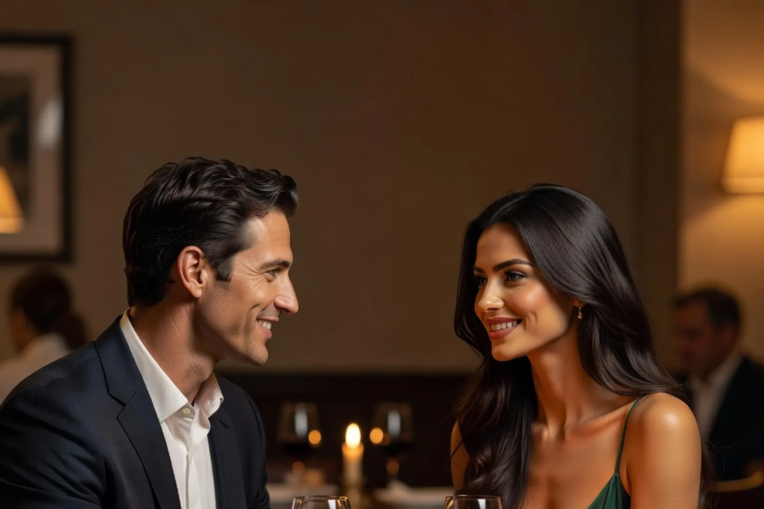 Un homme et une femme aux longs cheveux bruns souriant face à face dans un restaurant aux lumières chaudes