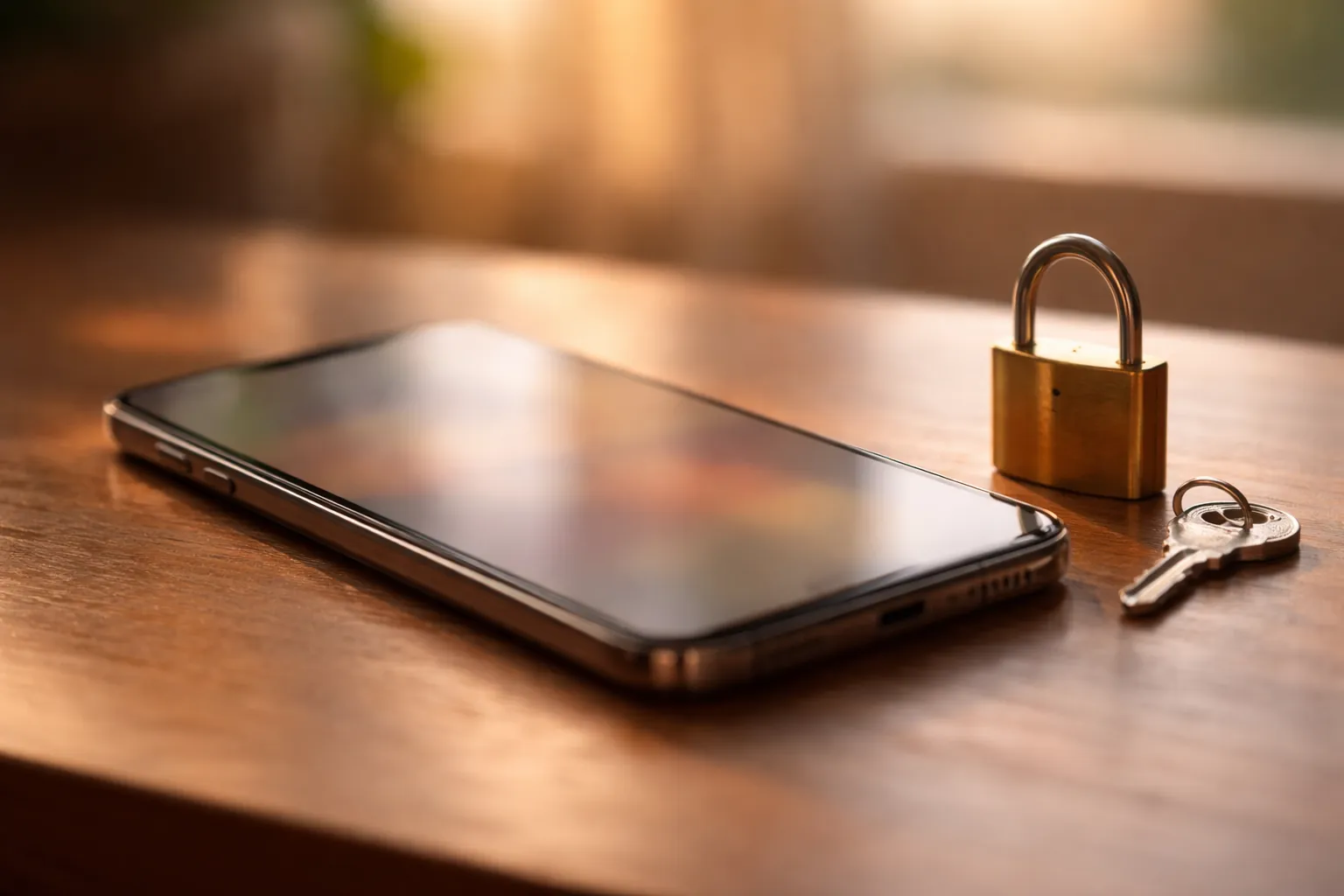 Un smartphone posé sur une table en bois à côté d'un cadenas en laiton et de sa clé