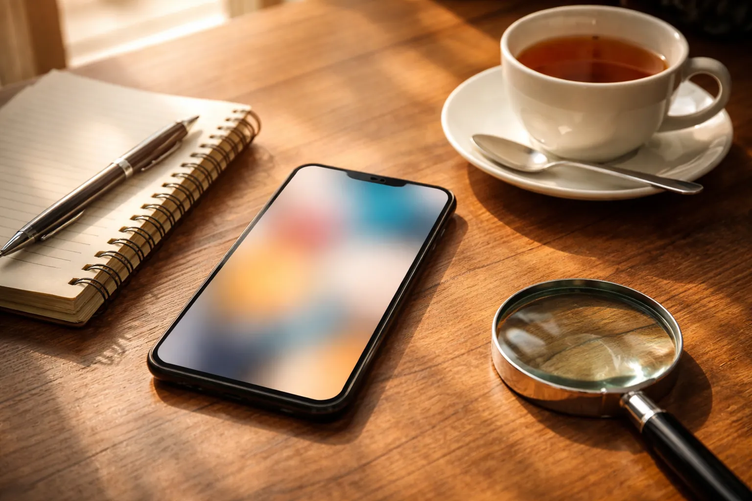 Un téléphone posé sur un bureau à côté d'un carnet, d'une tasse de thé et d'une loupe