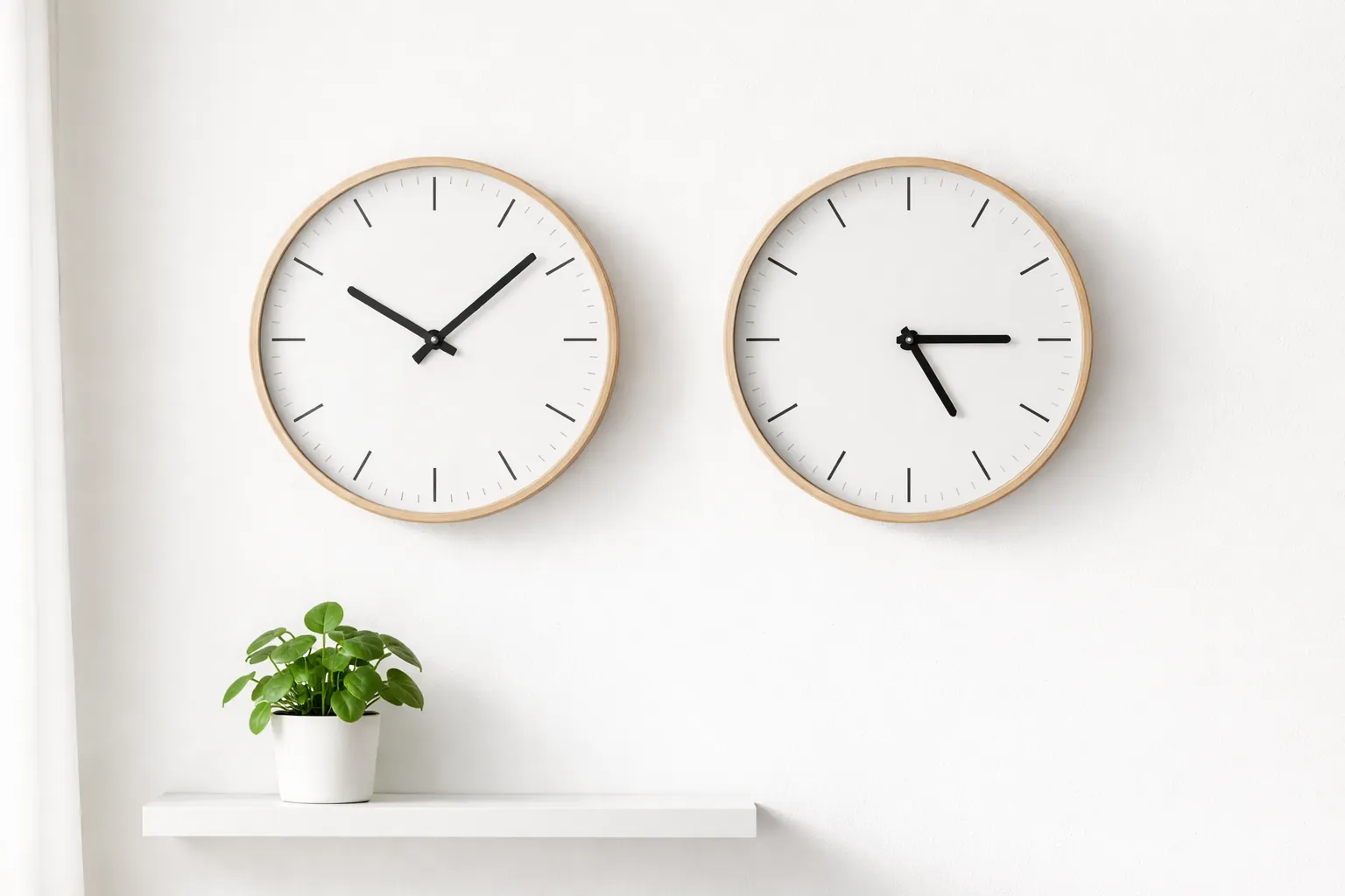 Deux horloges murales côte à côte indiquant deux heures différentes, près d'une petite plante