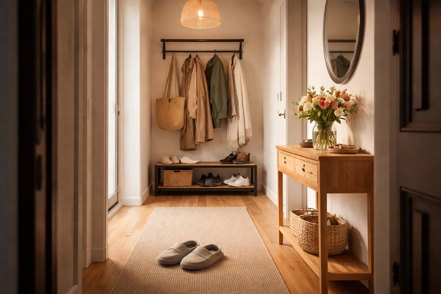 Entrée d'un appartement : chaussons d'intérieur posés sur un tapis, porte-manteau, bouquet de fleurs sur une console