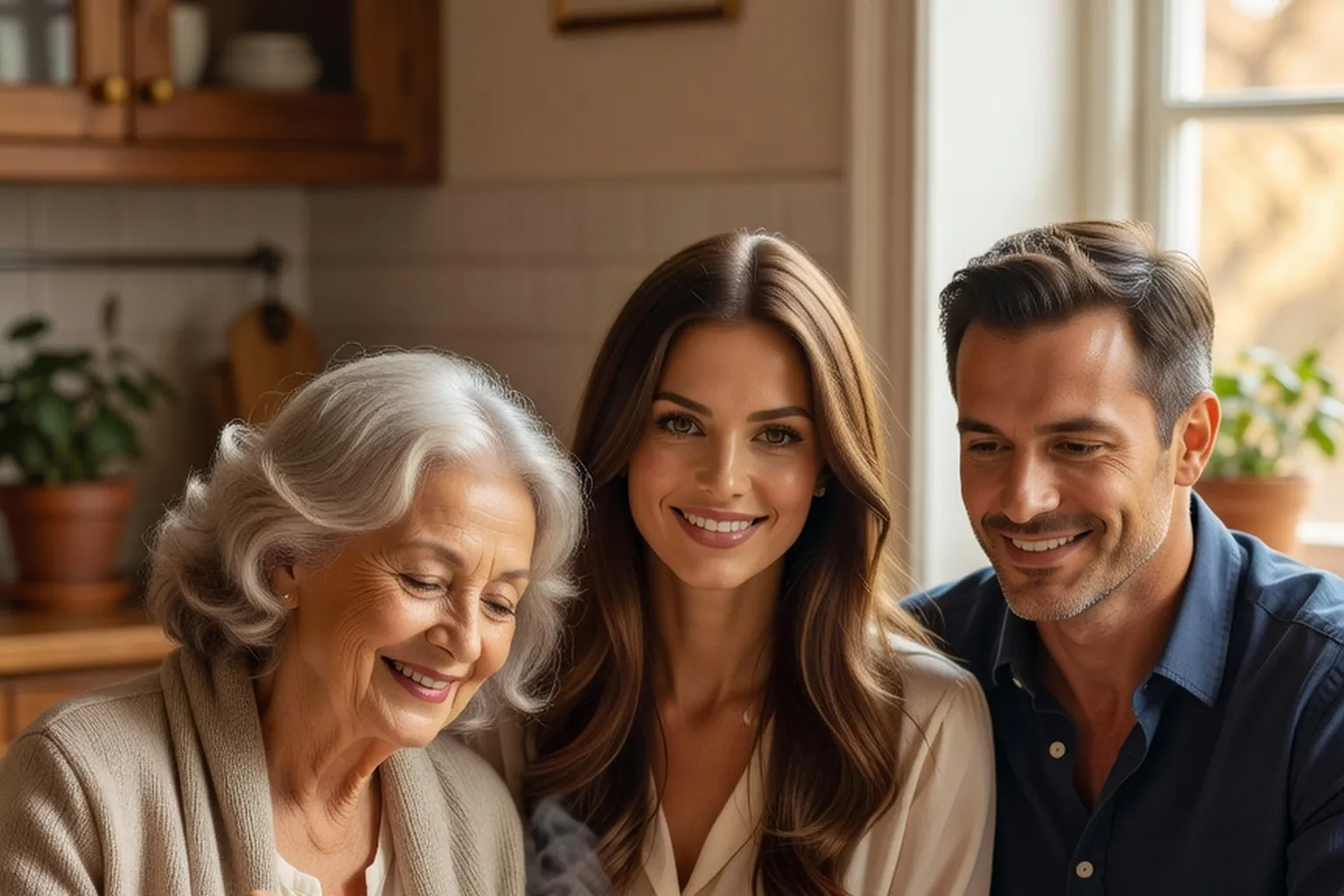 Une grand-mère aux cheveux gris sourit à côté d'une femme brune et d'un homme, dans une cuisine ensoleillée