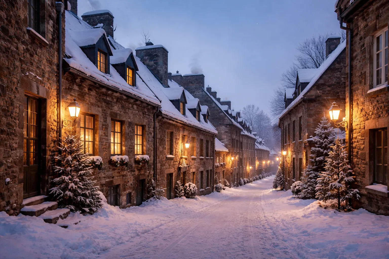 Une rue enneigée de maisons de pierre éclairées à la tombée de la nuit dans le Vieux-Québec