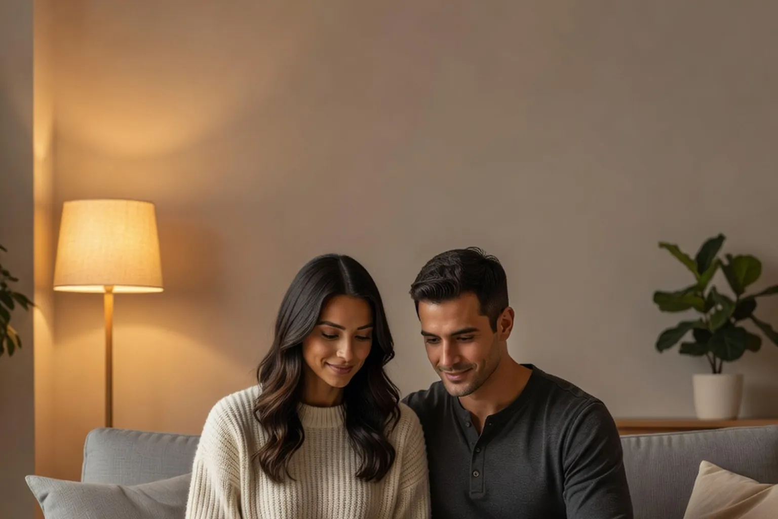 Un couple installé sur un canapé, penchés ensemble sur un projet dans un salon éclairé par une lampe
