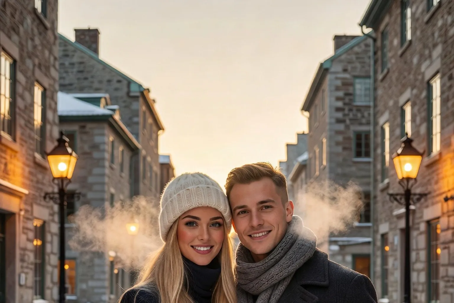 Un couple en manteaux d'hiver se promène dans une rue pavée enneigée du Vieux-Québec