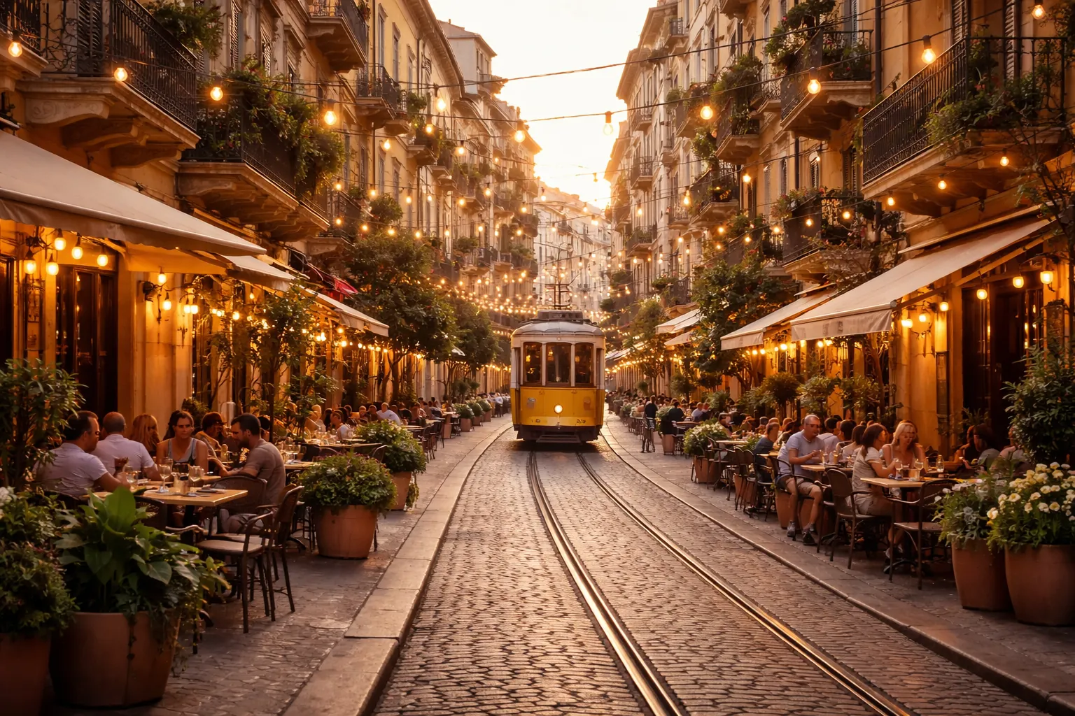 Rue d'une vieille ville méditerranéenne avec un tramway jaune et des terrasses de café éclairées de guirlandes au coucher du soleil